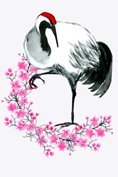 水彩亚洲鸟在花。五颜六色的花，日本鸟。白色背景上的传统民俗时尚装饰。图片下载