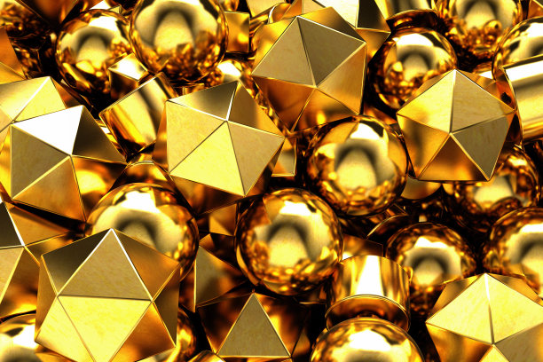 金色三维几何形状球体立方体的抽象背景图片下载