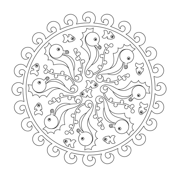 涂色页曼陀罗与海马，鱼和海藻的儿童。教育内容。图片下载