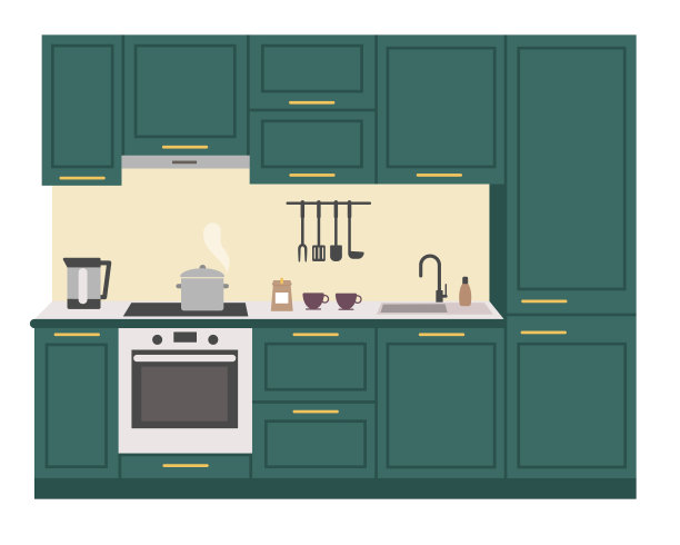 现代厨房内部。厨房家具、用具和用具。孤立图像在白色。平面风格的矢量插图图片下载