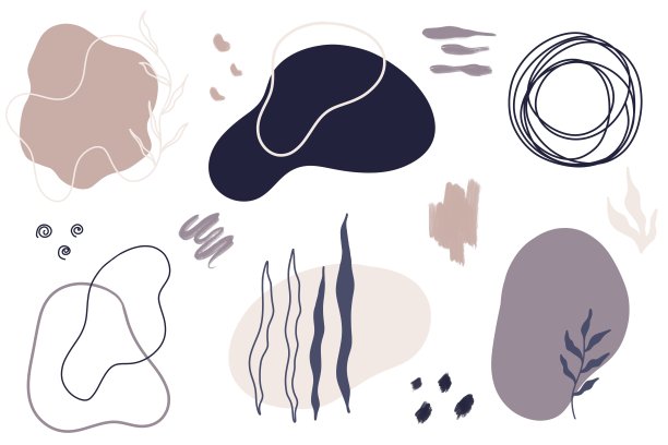 极简抽象自然艺术造型收藏。柔和的颜色涂鸦包为时尚设计，夏季或自然的概念。图片下载