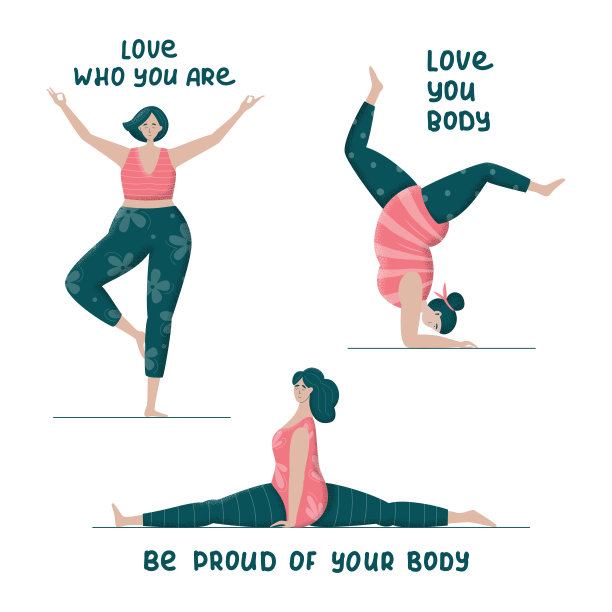 一组积极的身体加上身材的妇女做瑜伽。时髦的平面矢量插图的印刷，海报，横幅。女权主义，接受和自由。爱你身体上的文字图片下载