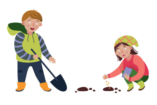 孩子们在自家花园里种植植物，挖掘土地，播种种子图片下载