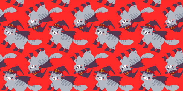 向量无缝的图案与快乐可爱的条纹灰色猫角色在女巫的帽子和靴子上的红色背景。平面线艺术风格设计的走兽猫图片下载