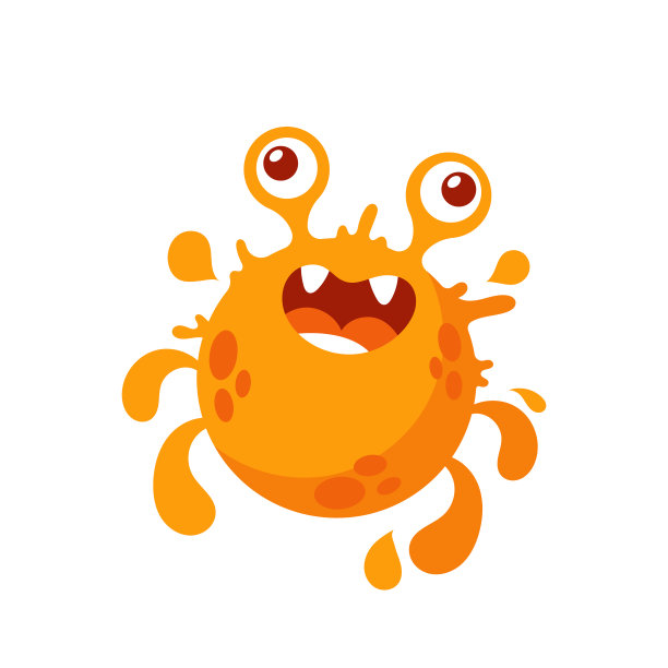 卡通微生物或病毒角色。细菌，细胞，快乐的细菌，滑稽的牙齿脸。橙色的病原微生物图片下载