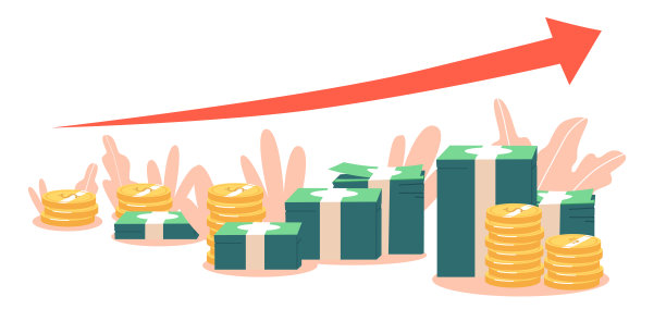 向上移动红色箭头图的财务图表，金币和纸币栈。股票市场增长，金钱利润图片下载