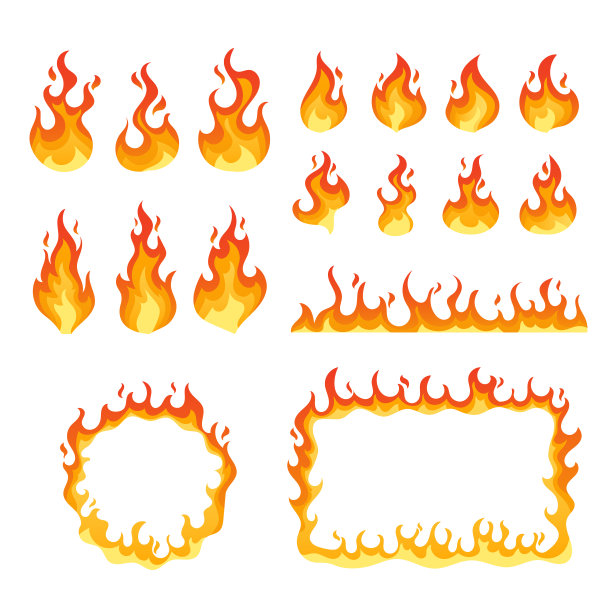 集火，营火，火焰圆形和矩形边界。孤立的火炬火焰，燃烧的篝火火焰。发光的耀斑图片下载