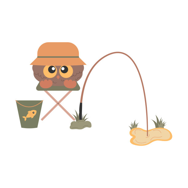 可爱的小鸟猫头鹰大眼睛渔夫坐在钓竿旁的椅子上图片下载