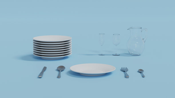 盘子，叉子，勺子和玻璃，3D渲染，餐桌用品图片下载