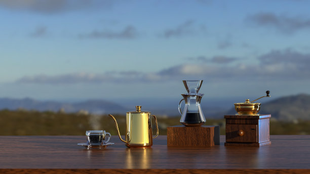咖啡滴在木桌上的图像与美丽的风景山。三维渲染图片下载