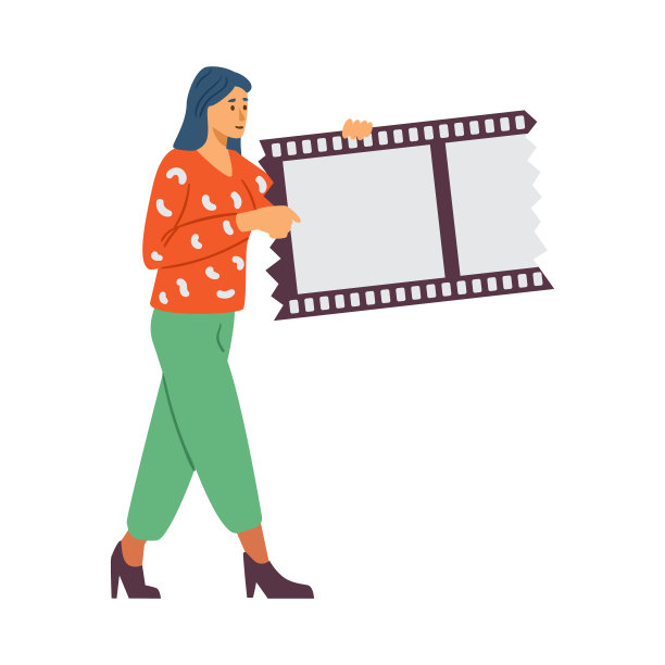 视频编辑器女性角色与录像带平面矢量插图孤立。图片下载