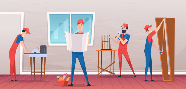 木制家具安装。背景与专业服务杂工木匠安装现代家具准确的矢量插图在车图片下载