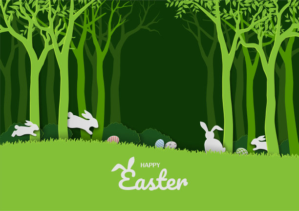 春天的森林里有白色的兔子，快乐的复活节贺卡图片下载