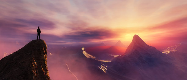 戏剧性的观点冒险的人站在一个岩石山顶图片下载