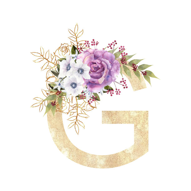 英文字母中的金色字母G，白色孤立的背景上有一束紫色的玫瑰和银莲花。手绘水彩插图图片下载