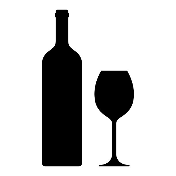 葡萄酒瓶与酒杯图标矢量图：黑色轮廓的瓶子和玻璃杯，白色背景图片下载