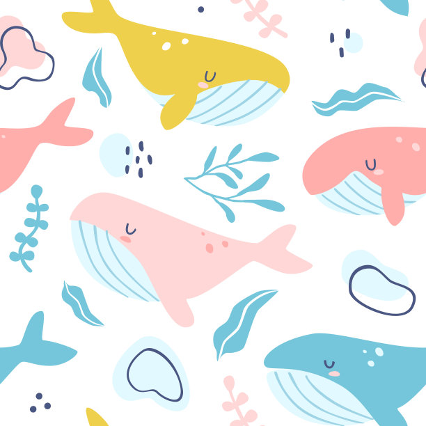 沉睡的海鲸的有机模式。无缝向量海洋婴儿印花与抹灰和海藻纺织。图片下载