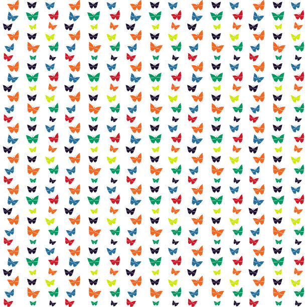嘉年华蝴蝶，喜庆无缝图案。几何混沌色网格，手绘涂鸦昆虫形状，彩虹调色板。白色背景。向量图片下载