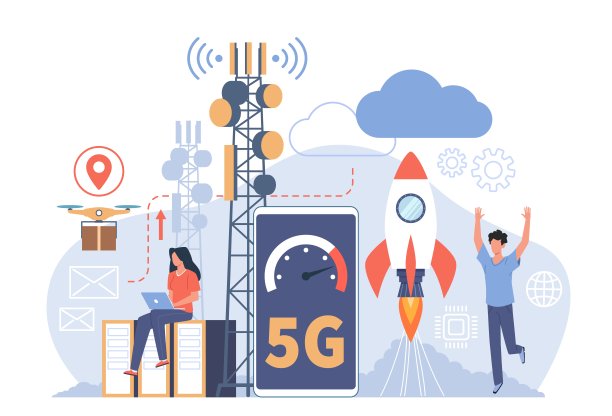 人们使用无线5g。发射塔、不同应用领域、移动通信系统、高速互联网、幸福男人和女人用小玩意、矢量孤立概念图片下载