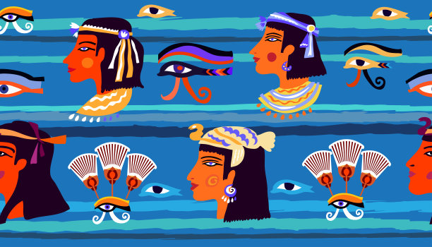 无缝图案矢量插图的埃及古代装饰与莲花，女人的脸，纸莎草，图片下载