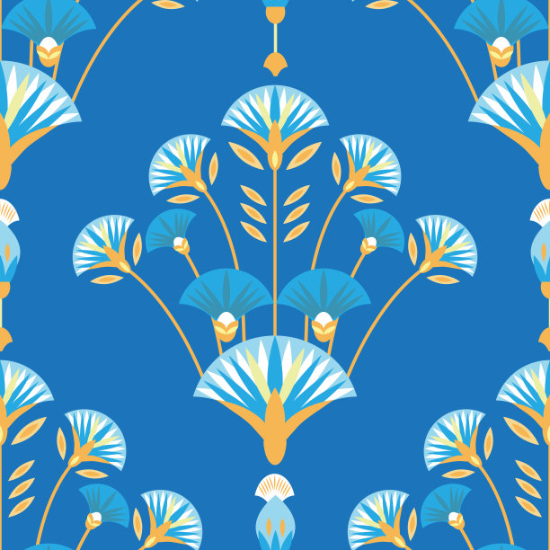 无缝模式矢量插图的埃及古代装饰莲花，叶子，纸莎草，棕榈树。图片下载