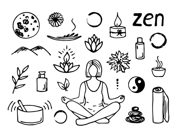 手绘向量集的元素涂鸦风格。年轻女子在莲花姿势，冥想和放松。灵魂与身体的和谐，与自然的统一。草图在墨水。图片下载