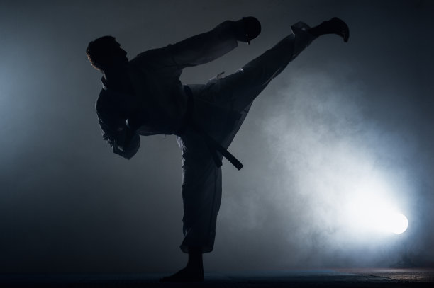 体育馆内身穿白色和服的空手道格斗选手图片下载