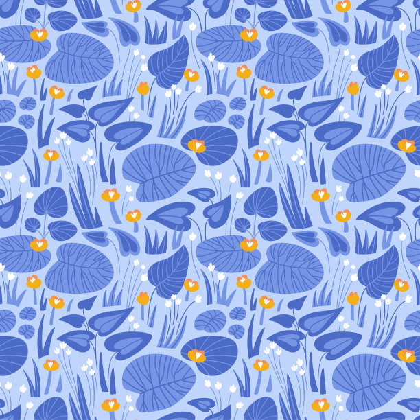 沼泽植物和花卉。无缝图案在手绘风格。蓝色矢量织物设计。图片下载