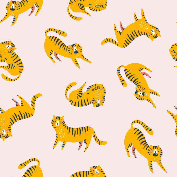 有趣的老虎会重复打印。说谎，行走，持久。向量无缝模式设计的孩子。粉红色背景上是孤立的动物。图片下载