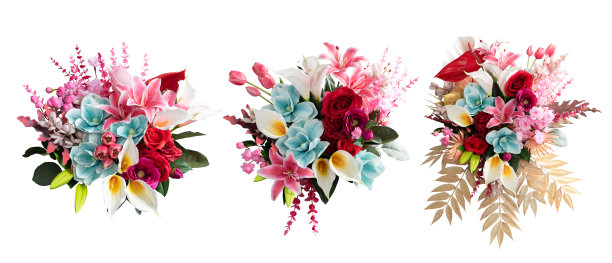 百合和玫瑰与叶子孤立在白色背景。美丽的花束。创意概念春花，剪枝路径包括。图片下载