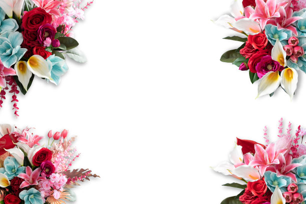 百合和玫瑰与叶子孤立在白色背景。美丽的花束。春天创意花卉图案平躺文本输入，俯视图。图片下载