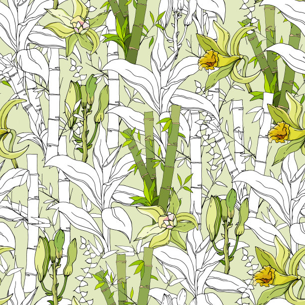 热带无缝图案的绿色竹子和香草花。绘制的植物丛林打印。矢量插图。图片下载