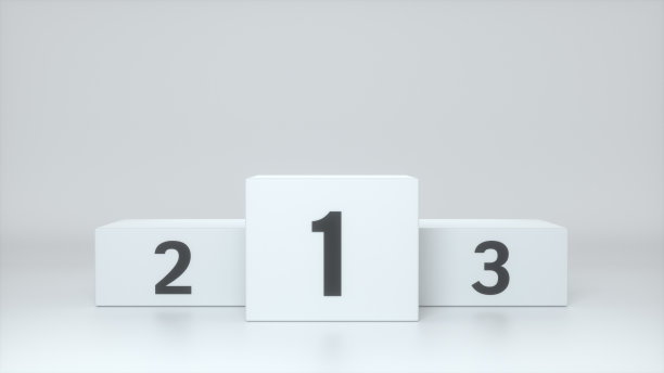 白色的冠军包厢领奖台与数字的位置在白色的背景。颁奖典礼的舞台。空白的演播室讲台为广告。白色的基座。三维渲染图片下载