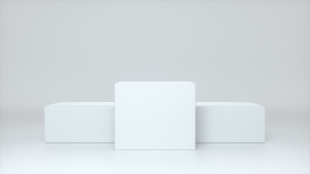 白色的冠军箱在白色的背景上领奖台。颁奖典礼的舞台。空白的演播室讲台为广告。白色的基座。三维渲染图片下载