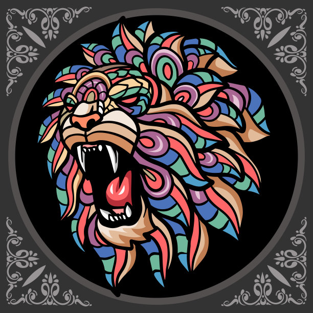 彩色狮子头刺绣艺术，孤立在黑色背景上图片下载