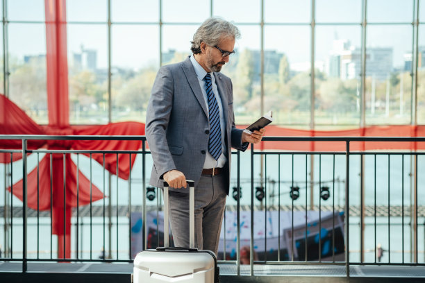 站在机场，拿着护照的手提箱的严肃商人图片下载