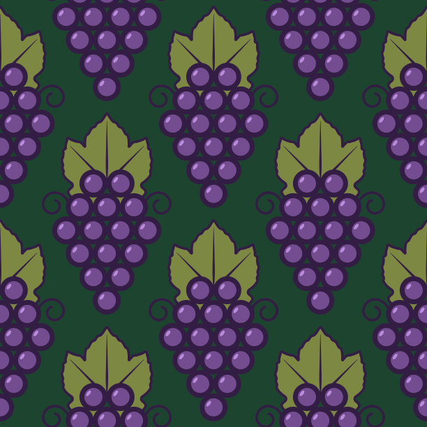 葡萄水果平坦与叶向量背景无缝模式。紫色的葡萄图片下载