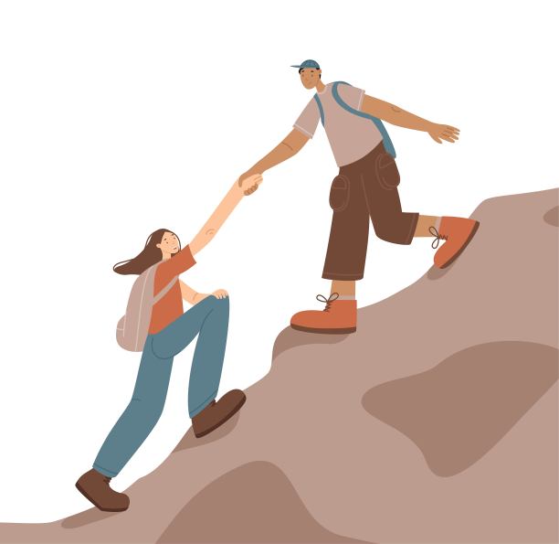 快乐的旅行者会爬山。矢量插图孤立在白色背景上。远足中互助与团队合作的理念图片下载