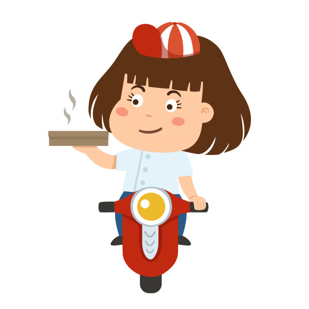 卡通可爱的女孩骑摩托车。送食物插图矢量图片下载