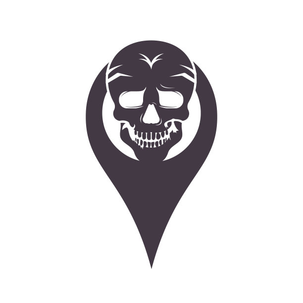 矢量头骨和地图指针标志的组合。死亡和GPS定位符号或图标。图片下载
