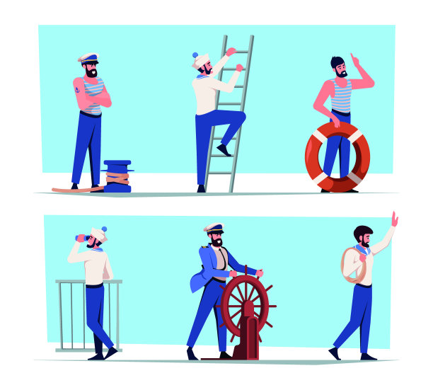 水手。扁平的海军角色年轻的船长和水手在工作的专业服装花哨的矢量字符卡通风格图片下载