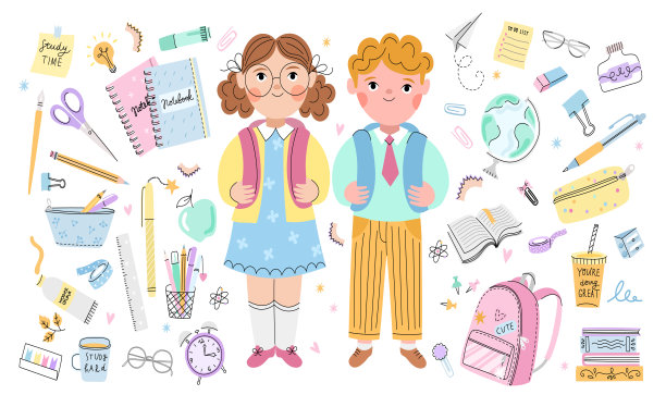 学校矢量儿童集，男孩和女孩。学校用品，文具插图图片下载