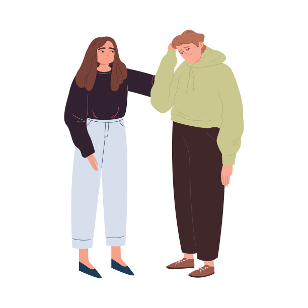 女孩能使悲伤的人平静下来。支持所爱之人的理念。夫妻之间的相互理解。心理上的支持。在一个孤立的白色背景上的卡通插图。图片下载