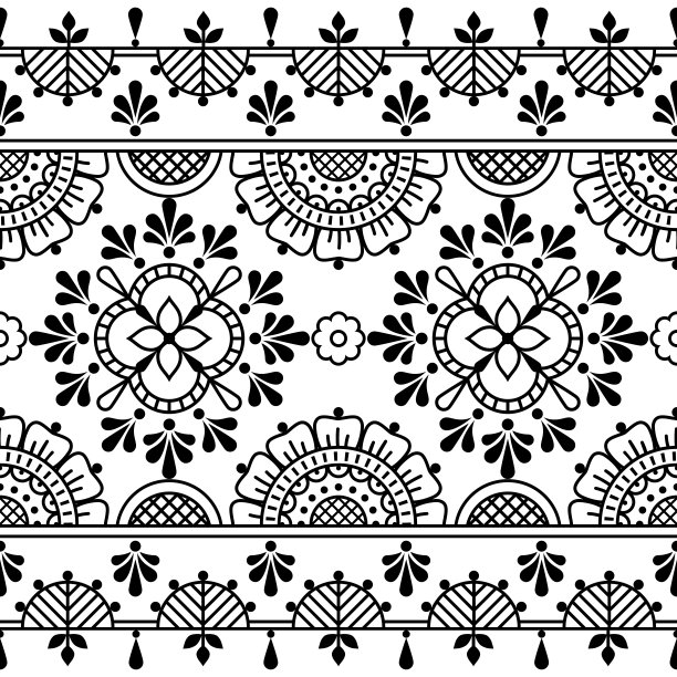 花艺民间艺术轮廓向量无缝图案，装饰纺织品或织物印花设计与花卉启发花边和刺绣图案图片下载