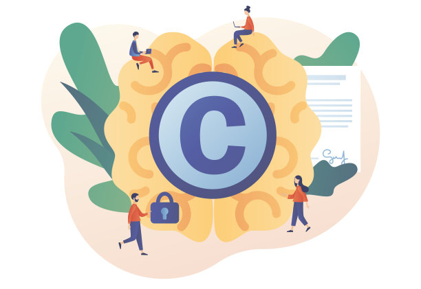 知识产权。版权。交易数据许可证。微作者用商标保护创意的法律信息。现代平面卡通风格。白色背景上的矢量插图图片下载