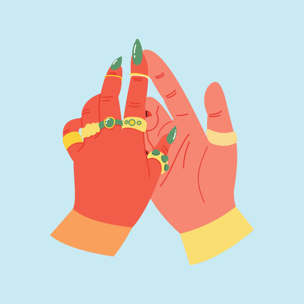 女人和男人的手相触。明亮的修指甲,戒指。自我表达。人际关系中的相互理解。卡通剪纸艺术。矢量插图在蓝色孤立的背景。图片下载