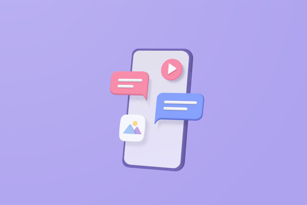 3D矢量社交媒体与视频和照片在气泡平台，在线社交文字替换在语音概念，表情符号，聊天语音，聊天信息与紫色背景3D矢量图片下载