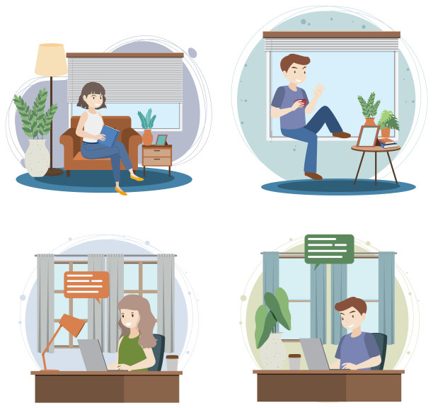 四个人们在家工作的场景图片下载