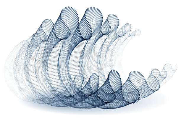 波浪状流动的粒子抽象矢量背景，光滑曲线形状的圆点透明薄纱织物上的风。三维形状点混合网格，放松宁静的壁纸。图片下载