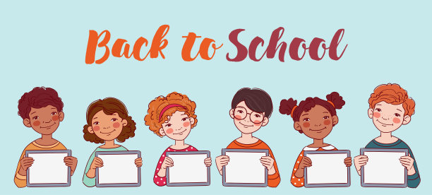 快乐的男孩女孩们展示着空白的平板电脑屏幕。可爱的孩子在用平板电脑。回到学校向量的概念图片下载